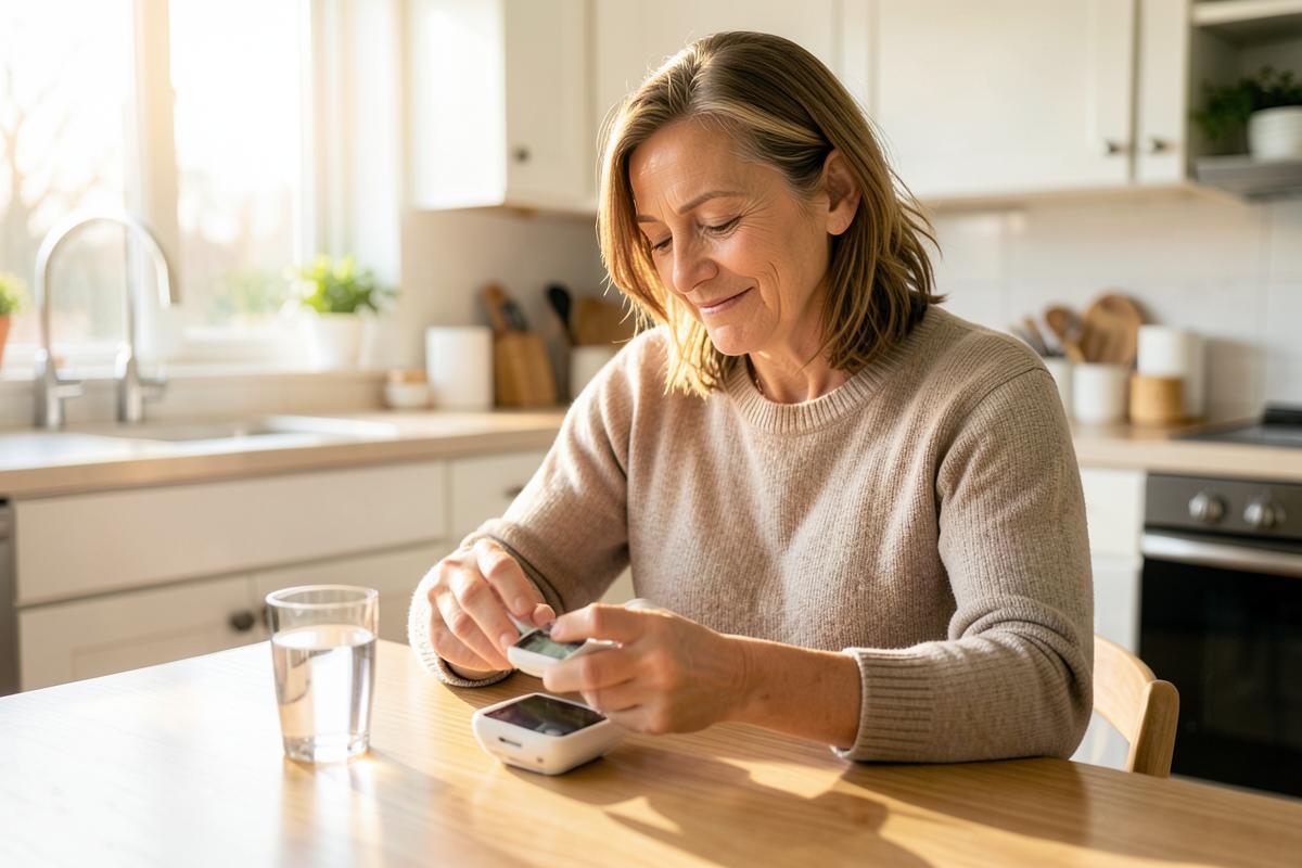 Woman checking a home glucose meter at her kitchen table in morning light