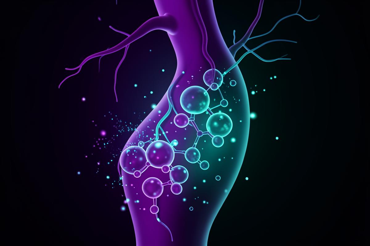 Illustration of glucose molecules moving through a bloodstream